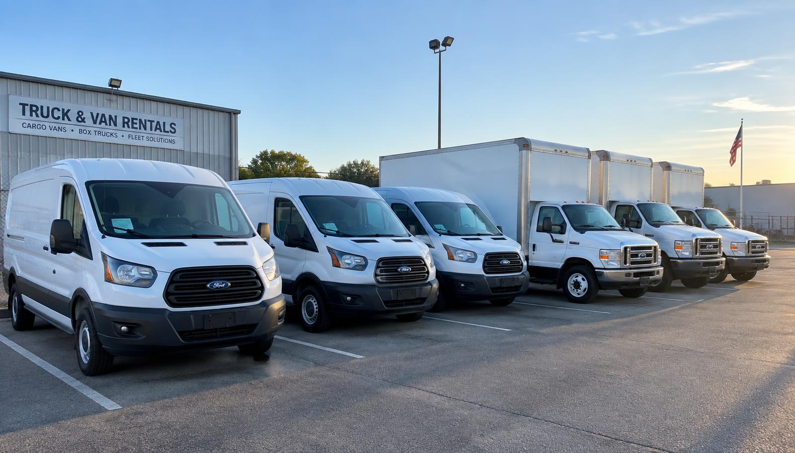 Cargo vans and box trucks on the lot